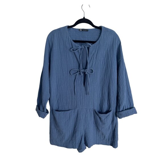 2/$25 ZARA Blue Medium Textured Long Sleeve Romper Double Tie Neck Detail - Picture 13 of 13